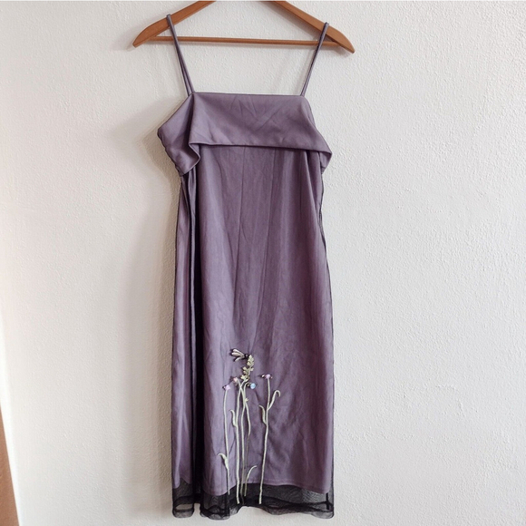 Vtg Y2K Aqua Blues Spaghetti Strap Dress Black Mesh Overlay Floral Dragonfly Med - Picture 1 of 8
